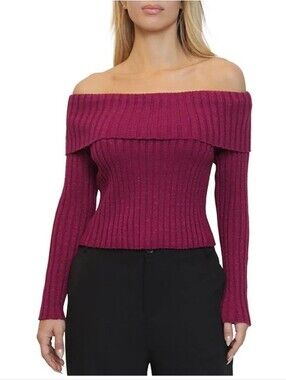 Steve Madden Metallic Ribbed Off-The Shoulder Long Sleeve, Red Plum, Size L
